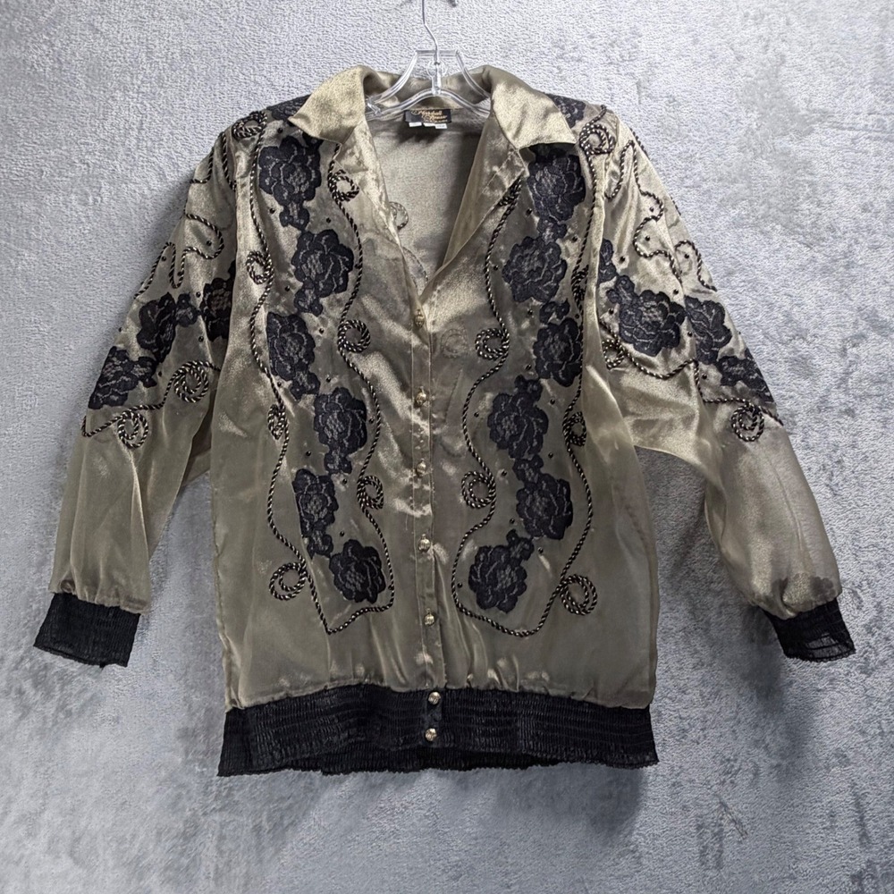 Marshall Rousso Blouse Womens S Gold Sheer Mesh Floral Lace Beaded Button Front - Picture 2 of 10